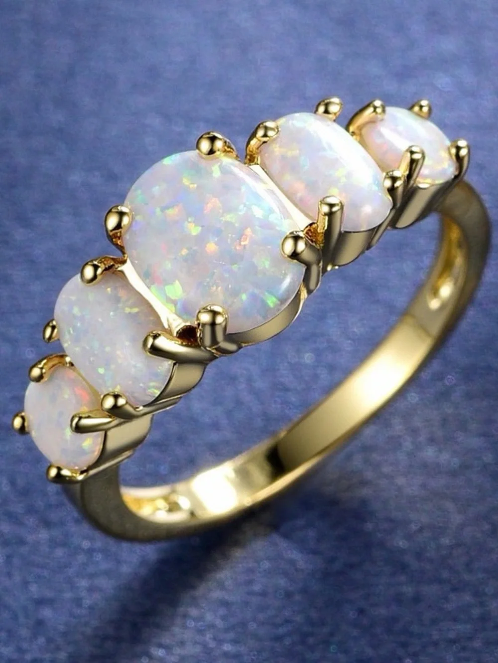White Opal 5-Stone Ring 14K Gold Plated Titanium Steel Graduated Band US Size 6